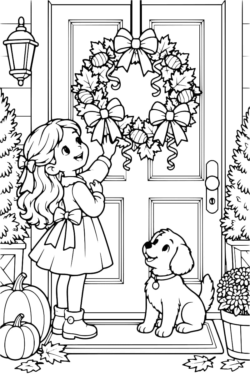 Dessin en noir et blanc d’une enfant et d’un chien devant une porte ornée d’une couronne de feuilles, de bonbons et de rubans, avec des citrouilles au premier plan.
