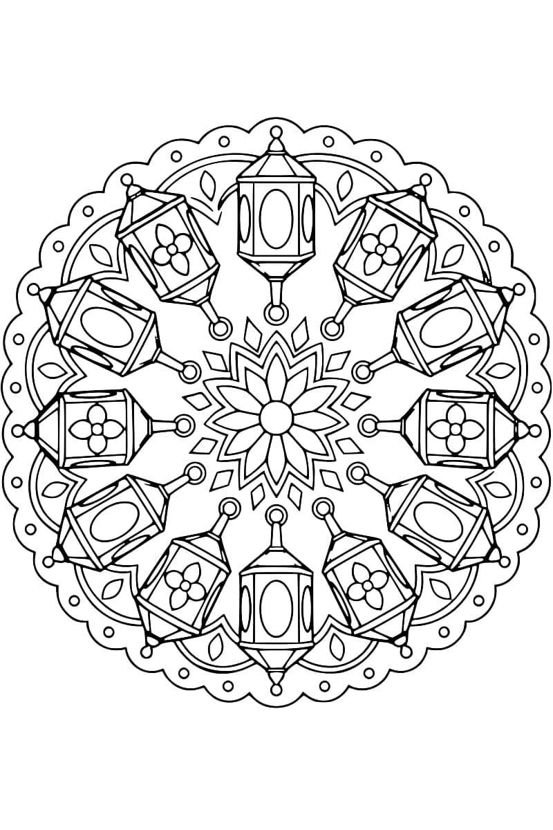 Mandala de lanternes hexagonales autour d’une rosace centrale.