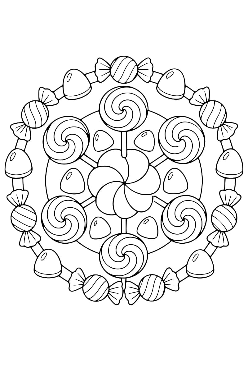 Mandala de sucettes et de bonbons disposés en cercles réguliers.