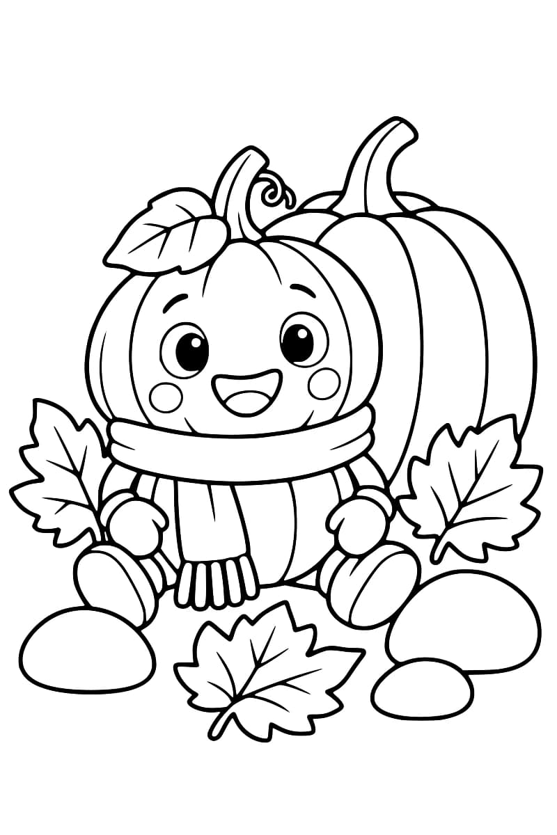 Une citrouille ronde avec un chapeau-feuille et une écharpe se tient près d’une grande citrouille dans un décor d’automne simple.
