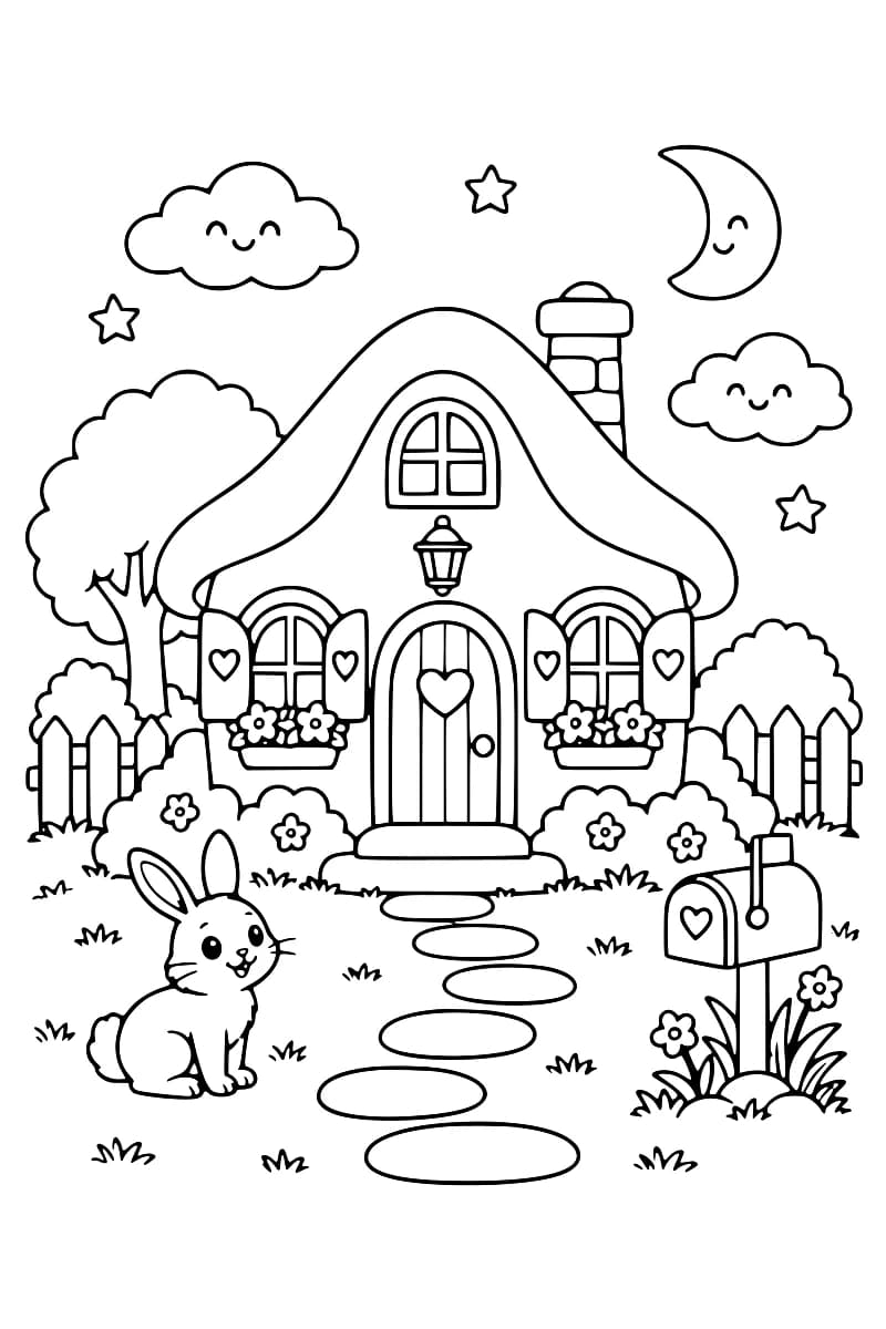 Dessin en noir et blanc d’une maison aux volets ornés de cœurs, entourée d’arbres, de fleurs et d’une clôture, avec un lapin au premier plan, une boîte aux lettres et un croissant de lune dans le ciel.