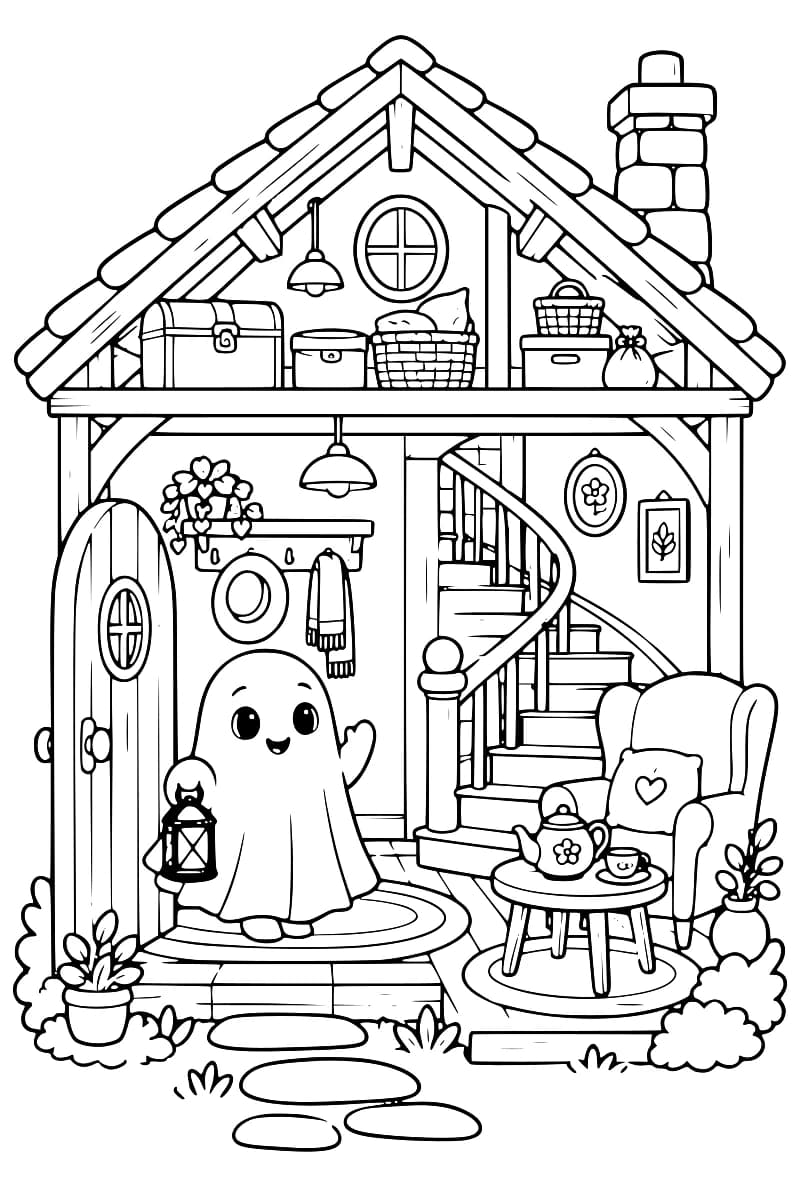 Maison en coupe accueillante avec la mascotte fantôme portant sa petite lanterne.