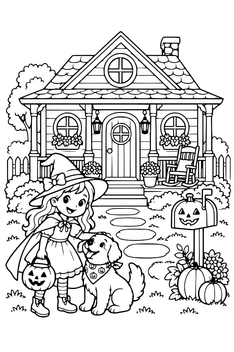 Dessin en noir et blanc d’une maison hantée avec porche, citrouilles et boîte aux lettres citrouille, devant laquelle se tiennent une petite sorcière et son chien.