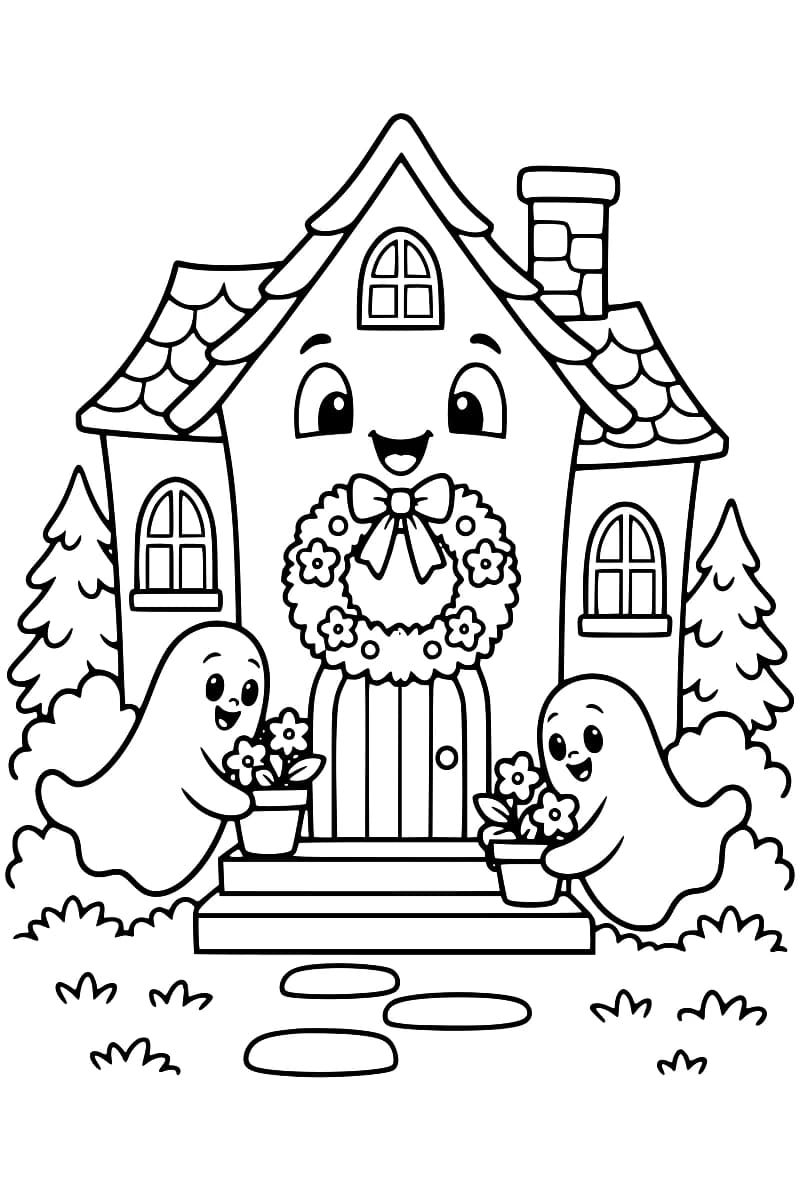 Dessin à colorier représentant une maison hantée avec un visage souriant, une couronne fleurie sur la porte et deux fantômes tenant des pots de fleurs.