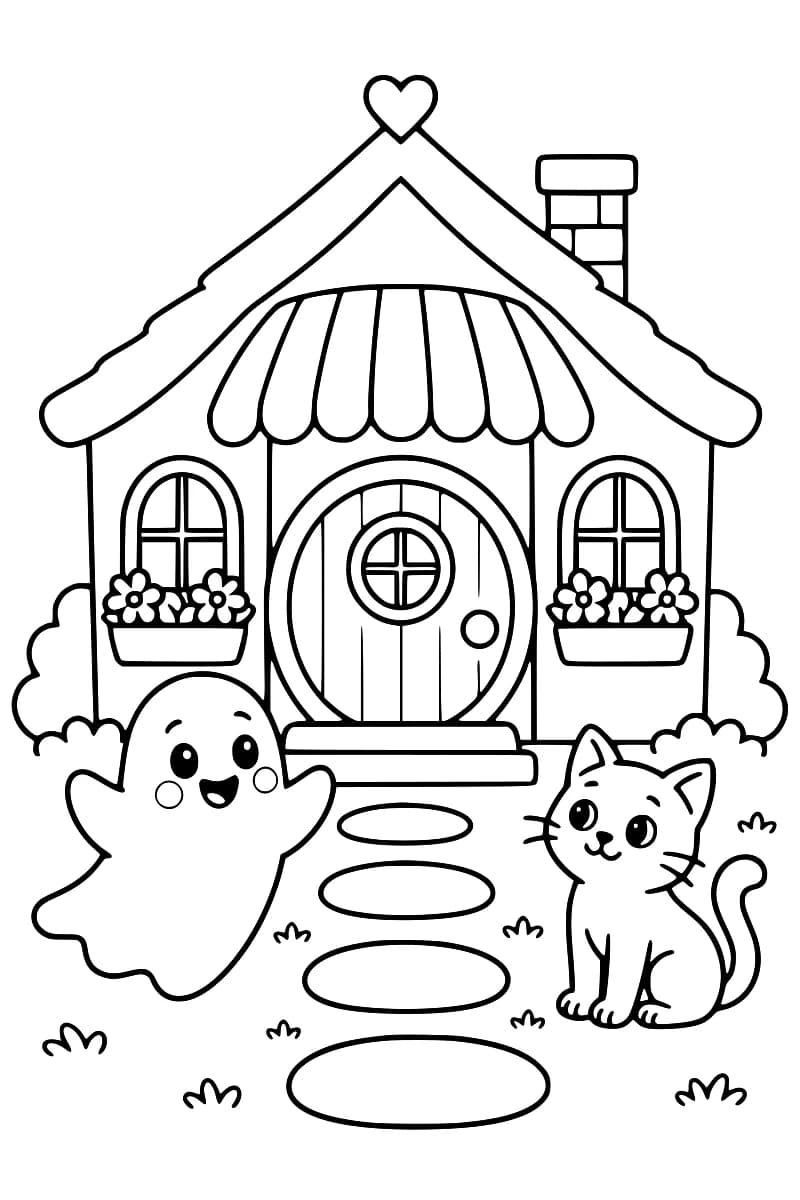 Dessin en noir et blanc d’une maisonnette à porte ronde, avec un fantôme à gauche, un chat à droite, des fleurs aux fenêtres et un chemin de pierres.