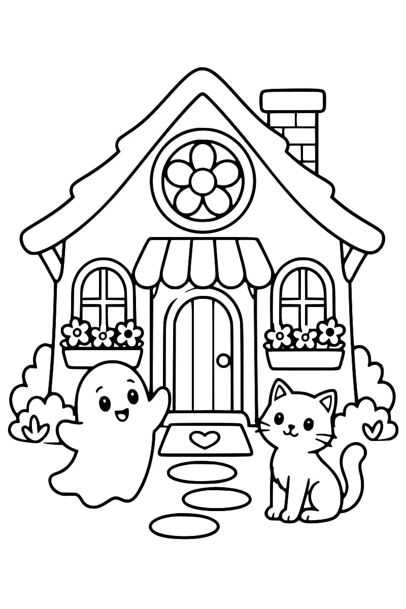 Dessin en noir et blanc d’une maison hantée au toit pentu, avec une fenêtre ronde en forme de fleur, des jardinières fleuries, un fantôme et un chat à l’entrée.