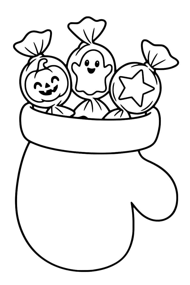 Dessin en noir et blanc d’une moufle au pouce tourné vers la droite, contenant trois bonbons ronds emballés ornés d’une citrouille, d’un fantôme souriant et d’une étoile.