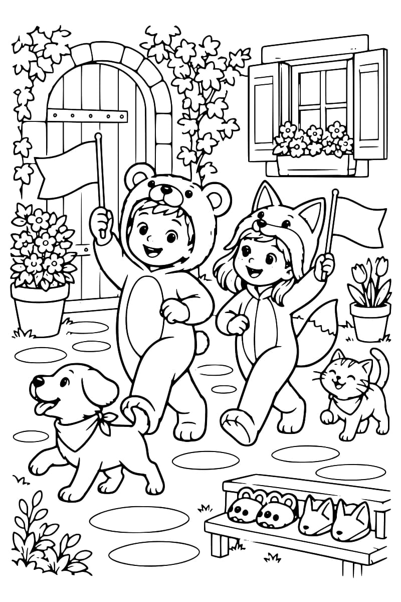Coloriage de deux enfants en costumes d’ours et de renard tenant des fanions dans une cour avec un chien, un chat et des fleurs.