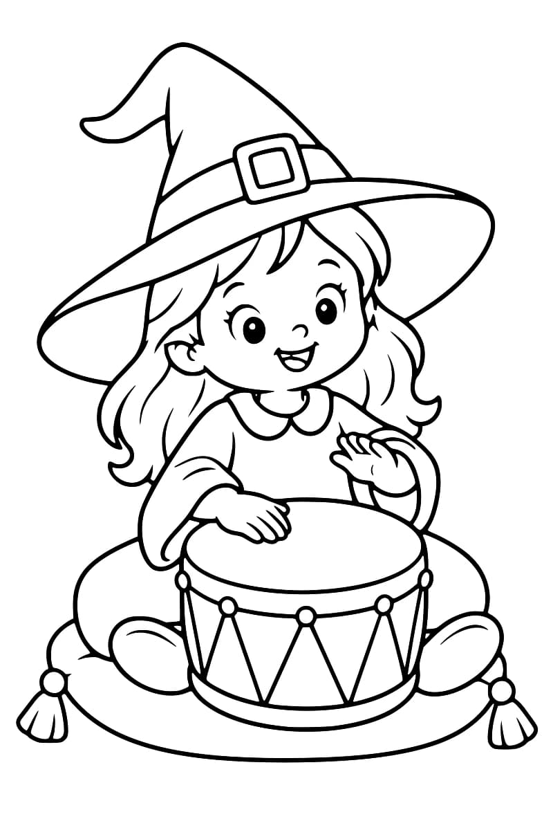 Dessin en noir et blanc d’une petite sorcière coiffée d’un grand chapeau pointu à boucle, assise sur un coussin à pompons, une main posée sur un tambour et l’autre levée.