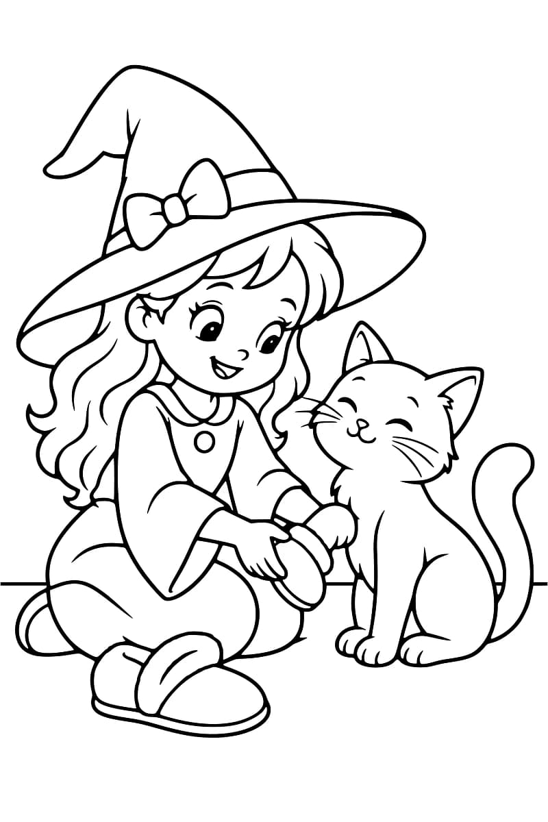 Dessin en noir et blanc d’une petite sorcière coiffée d’un grand chapeau à nœud, assise à côté d’un chat souriant qui lève une patte vers le chausson qu’elle tient ; un autre chausson est posé au premier plan.