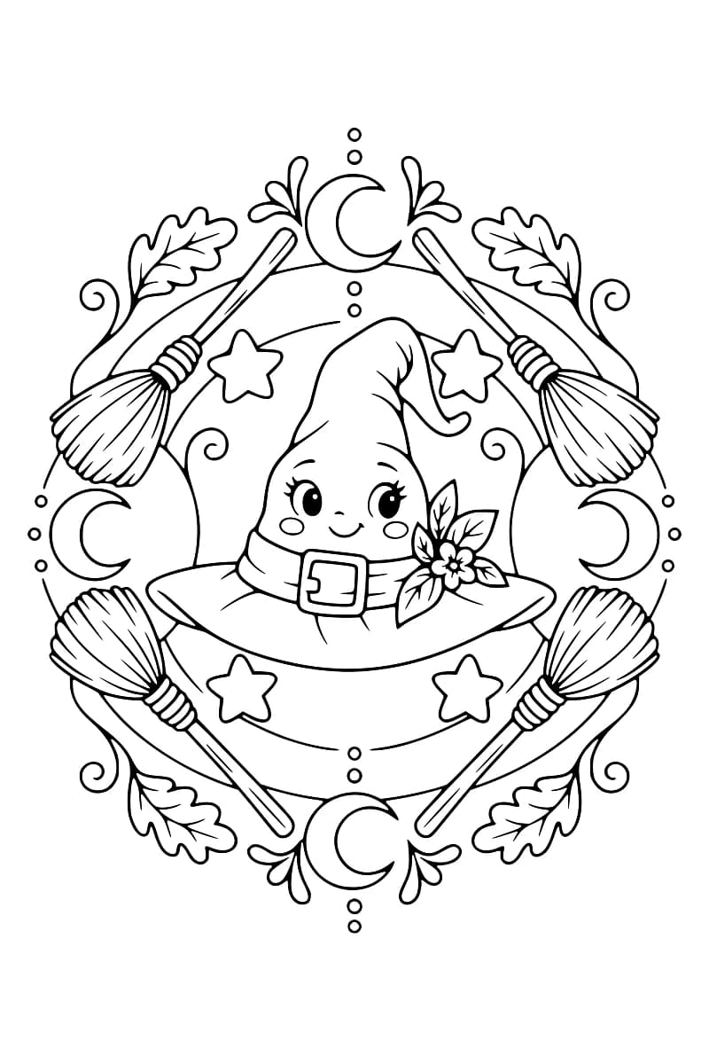 Dessin en noir et blanc d’une jeune sorcière au centre d’un mandala orné de quatre balais, de lunes, d’étoiles et de feuilles.