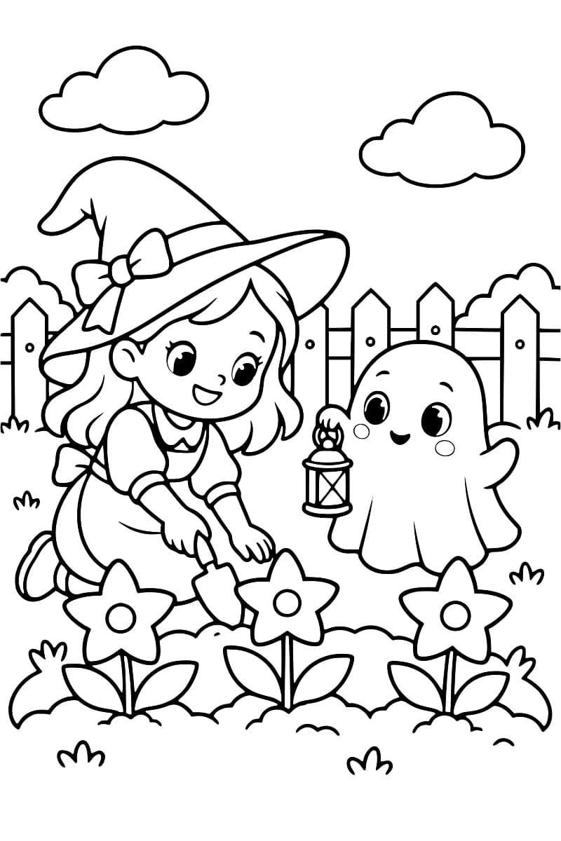 Coloriage d’une sorcière plantant des fleurs étoilées avec un fantôme tenant une lanterne, devant une clôture.