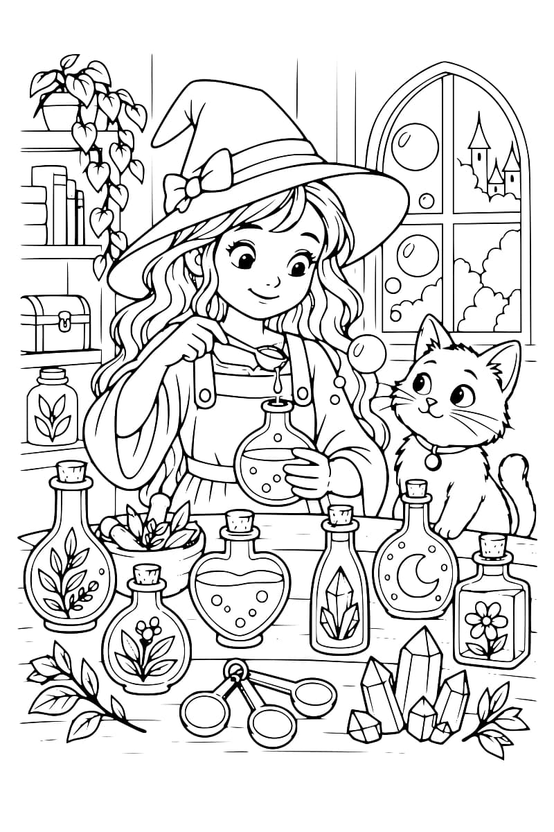 Dessin en noir et blanc d’une jeune sorcière avec un grand chapeau mélangeant une potion dans un flacon, accompagnée d’un chat et entourée de bouteilles, de plantes et de cristaux.