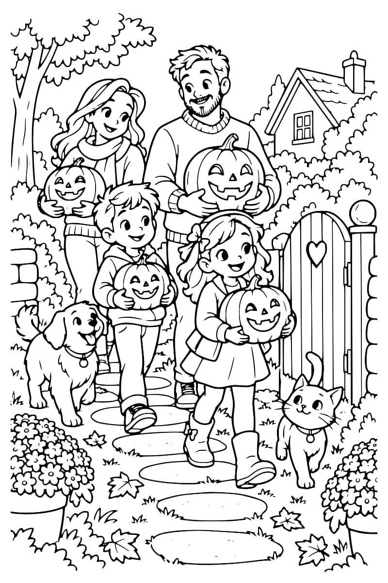 Une famille avec deux adultes et trois enfants avance sur un chemin bordé de végétation, de citrouilles-lanternes et d’animaux, devant une maison et un portail.
