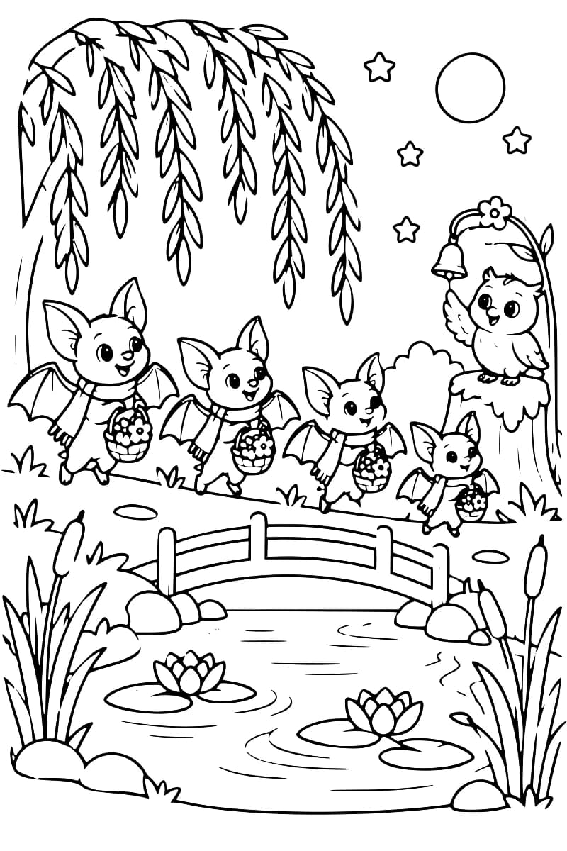 Dessin en noir et blanc de quatre chauves-souris ailées portant des paniers et marchant près d’un étang avec un pont, des nénuphars et un hibou perché sur un arbre.