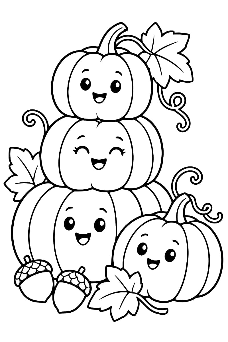 Illustration en noir et blanc de quatre citrouilles souriantes empilées, avec des feuilles, des vrilles et deux glands.