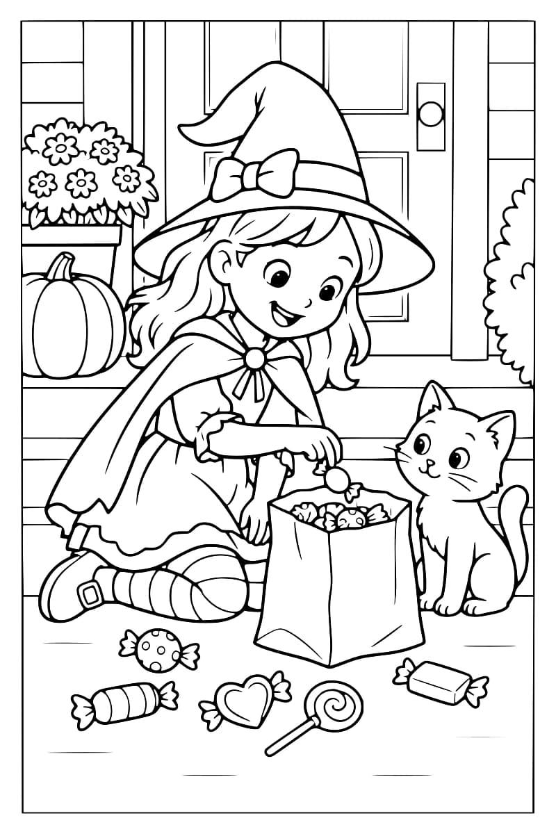 Dessin en noir et blanc d’une petite sorcière avec un chapeau, assise près d’un chat et d’un sac rempli de bonbons.