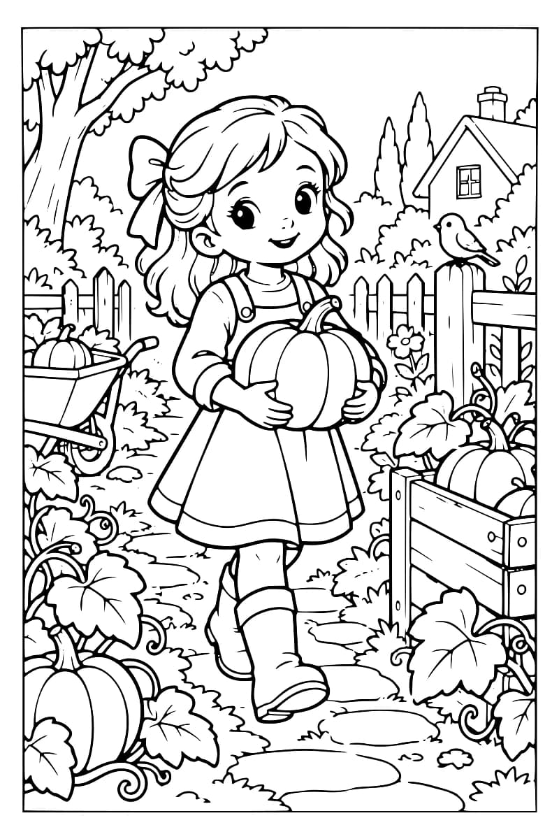 Une fillette souriante tient une grande citrouille dans un jardin potager, avec une brouette, une clôture, une maison et un oiseau en arrière-plan.