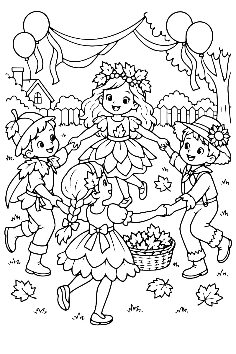 Dessin en noir et blanc représentant quatre enfants vêtus de costumes inspirés des feuilles d’automne, se tenant la main autour d’un panier de feuilles, avec une maison, des ballons et des guirlandes en arrière-plan.