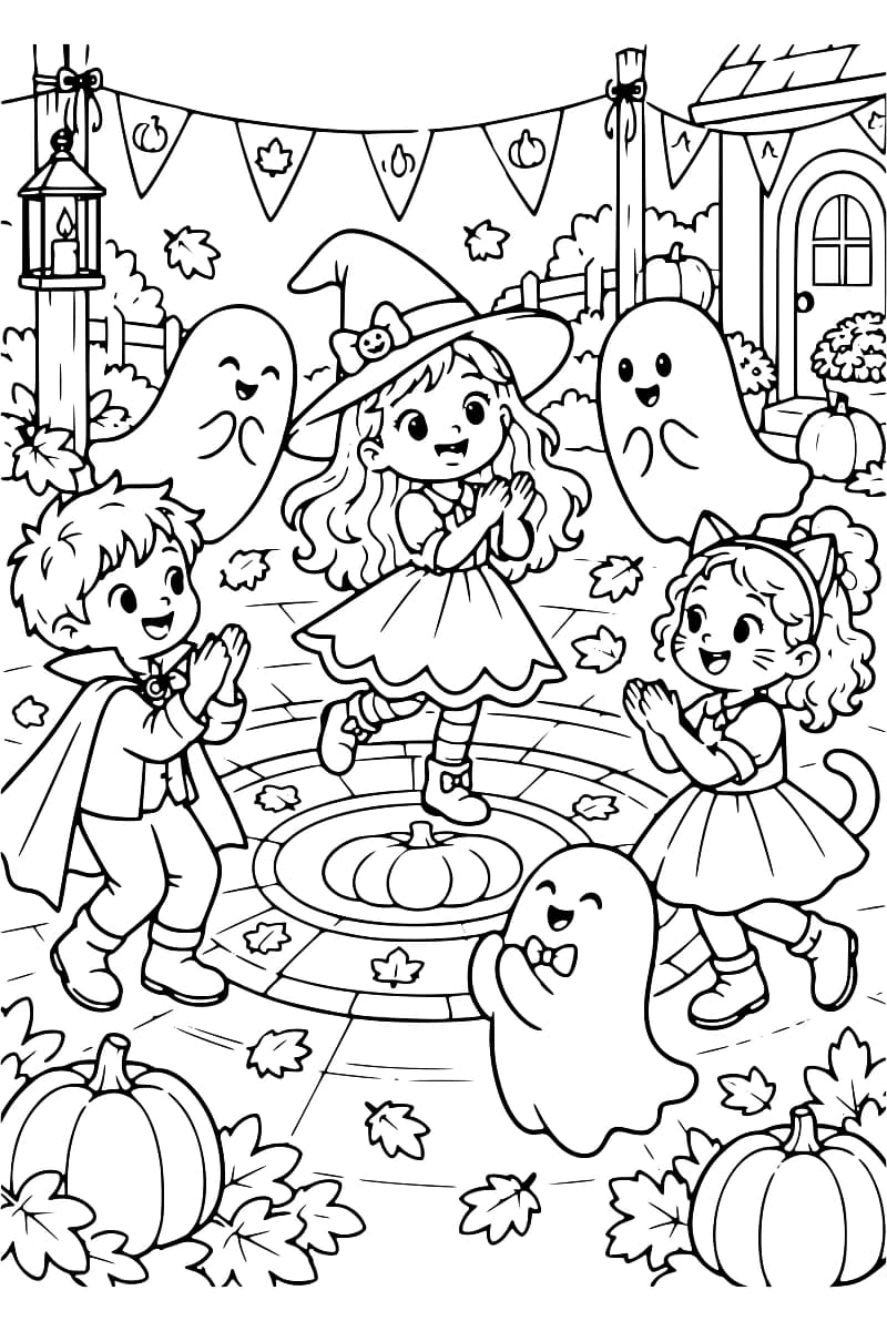 Dessin en noir et blanc montrant trois enfants costumés et trois fantômes autour d’une fontaine circulaire avec des citrouilles, des feuilles et des fanions d’Halloween.