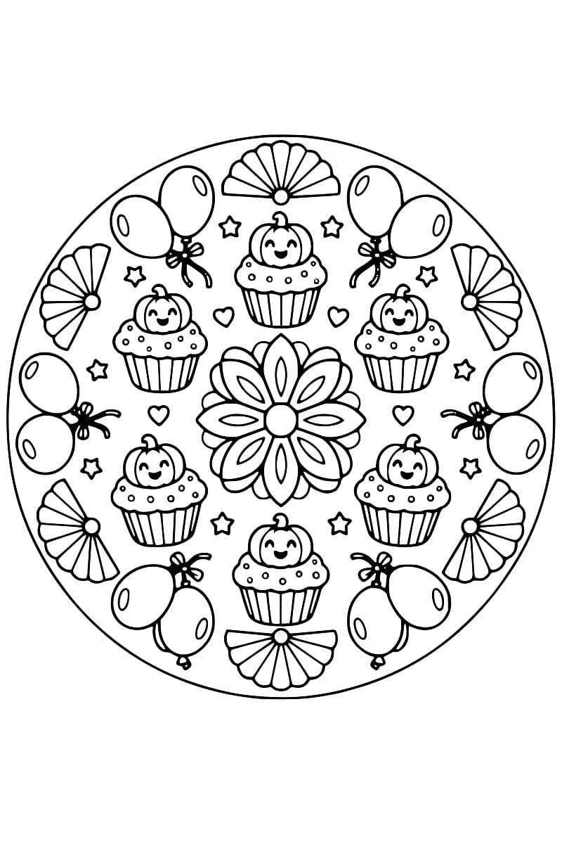 Mandala de fête composé de petits gâteaux à décor de citrouille, de ballons et d’éventails.