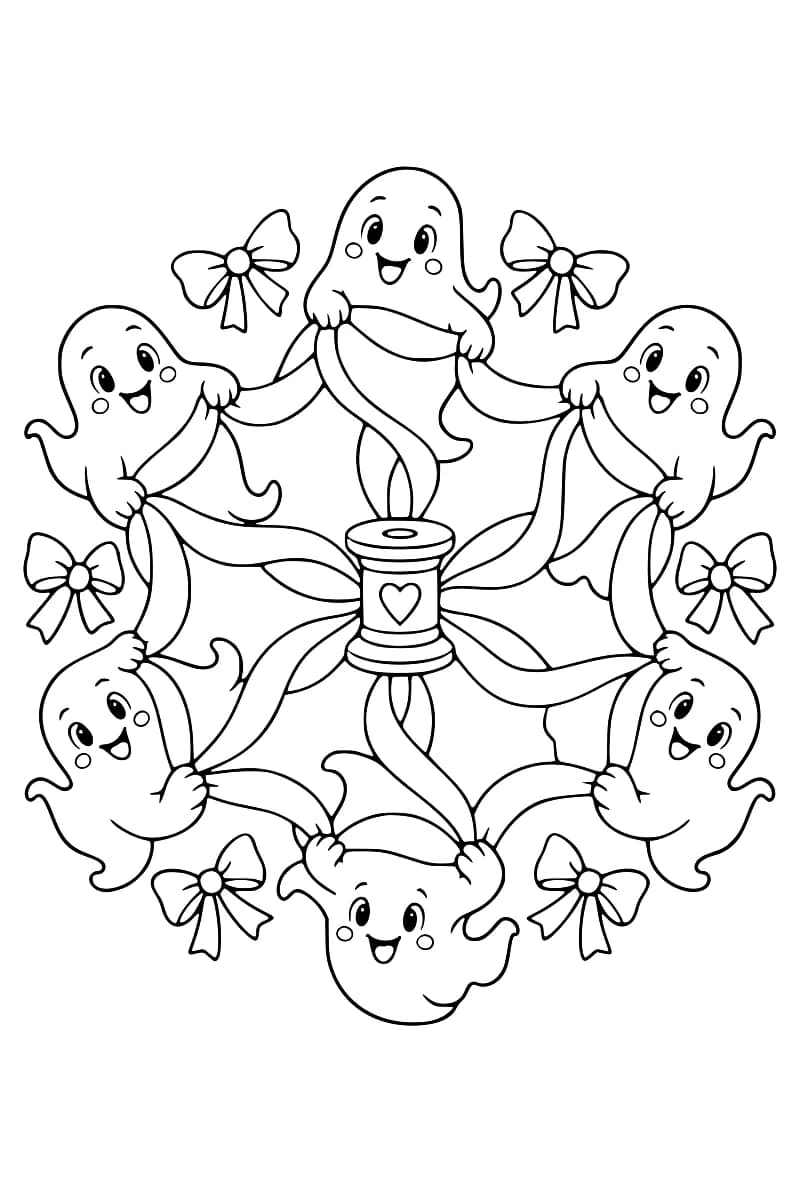 Dessin en noir et blanc de six fantômes souriants disposés en cercle, tenant de longs rubans autour d’une bobine centrale décorée d’un cœur, avec six nœuds répartis autour de la ronde.