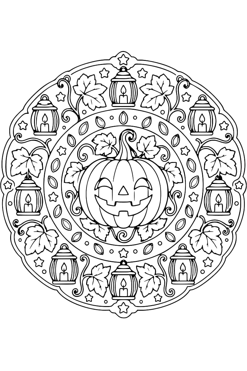 Dessin en noir et blanc d’une citrouille-lanterne souriante au centre d’un mandala orné de lanternes, de feuilles, de volutes et d’étoiles.