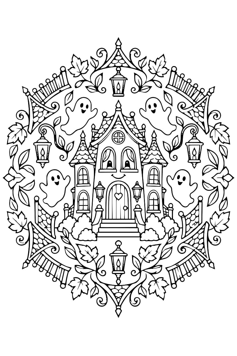 Dessin en noir et blanc d’une maison hantée ornée d’une porte en cœur, entourée de quatre fantômes souriants, de lanternes, de feuilles et de motifs gothiques.