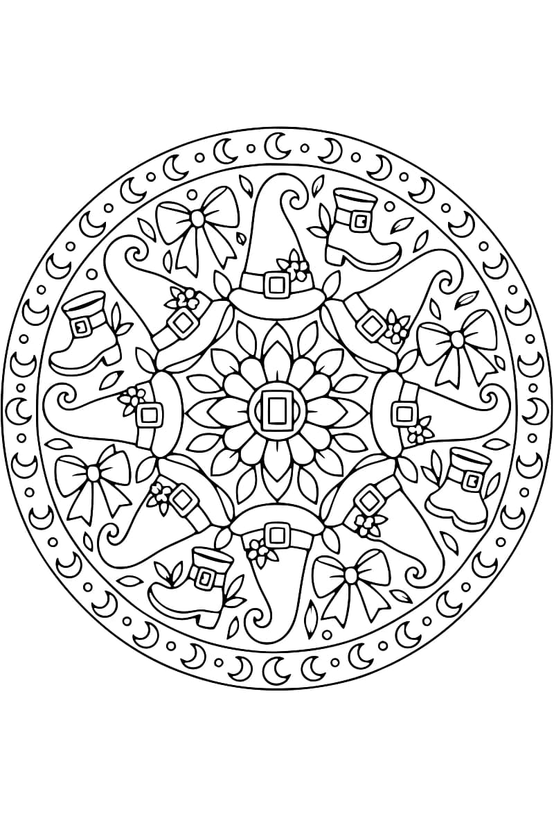Mandala de chapeaux de sorcières, de nœuds et de bottines.