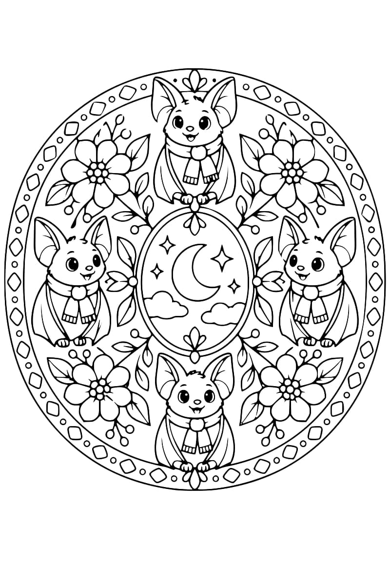 Mandala de quatre chauves-souris en écharpe autour d’un médaillon ovale, avec des fleurs et une bordure de losanges arrondis.
