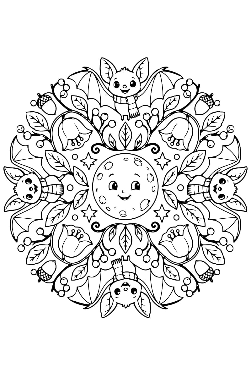 Dessin de coloriage en noir et blanc représentant une lune souriante au centre d’un mandala entouré de chauves-souris, de fleurs, de feuilles, de baies et de glands.