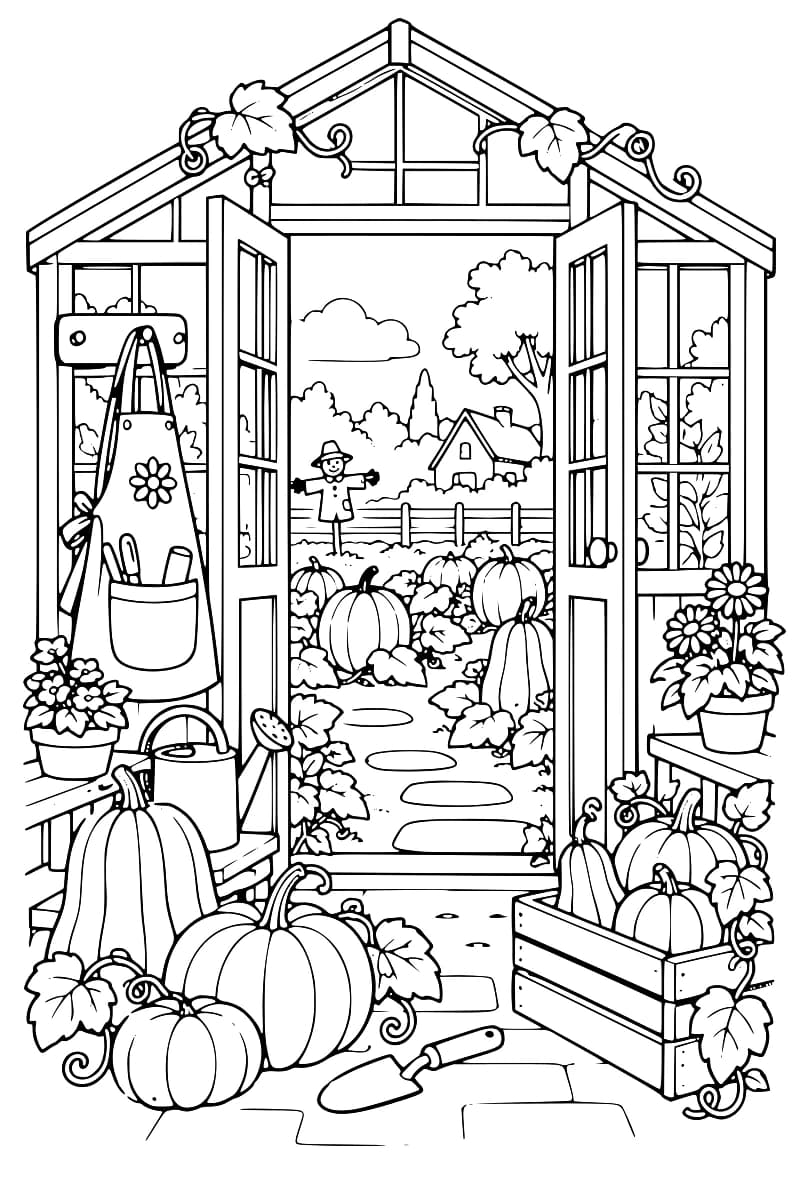 Dessin en noir et blanc d’une serre ouverte entourée de citrouilles, de fleurs et d’outils de jardinage, avec un potager visible à l’arrière-plan.
