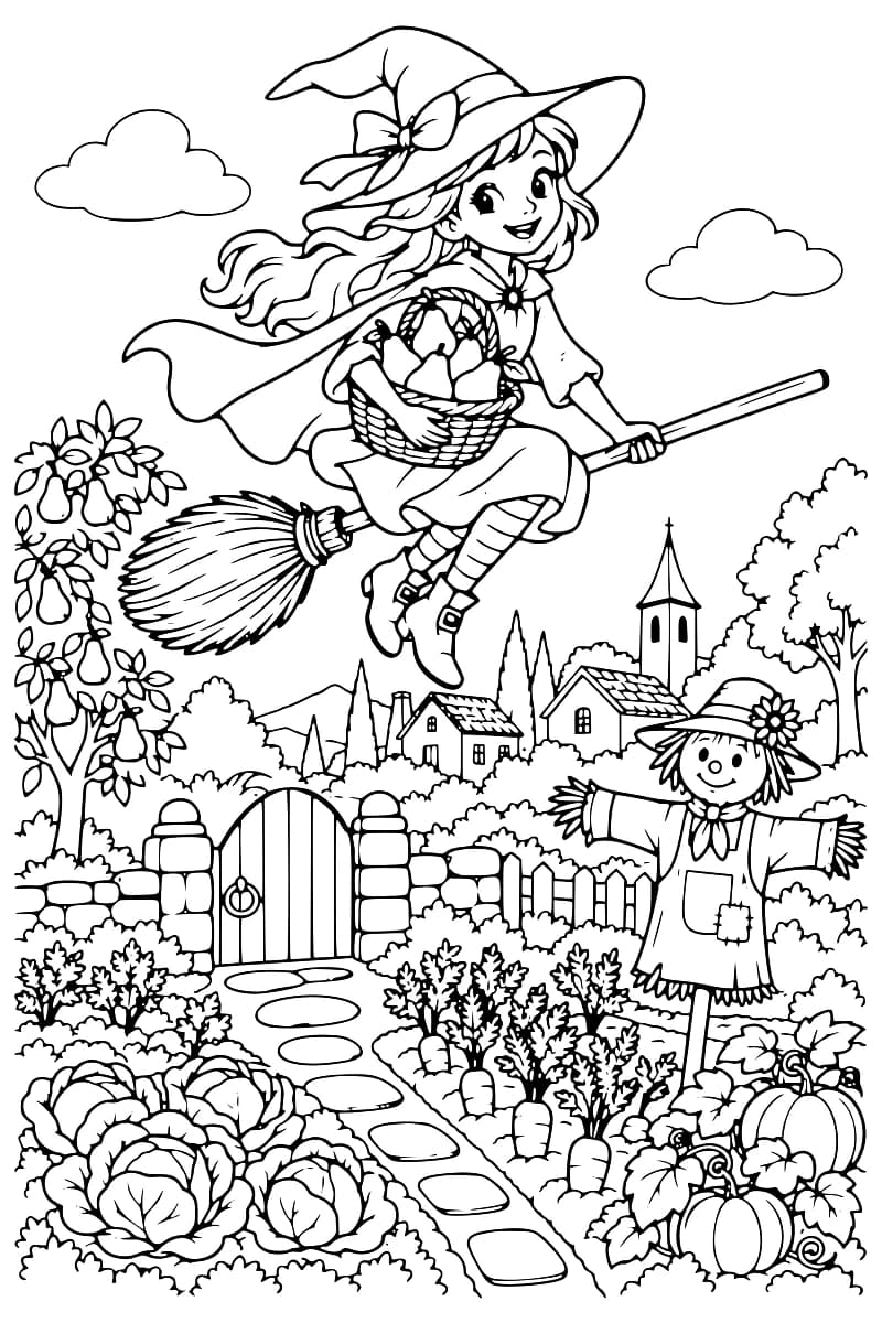 Dessin en noir et blanc d’une sorcière souriante sur un balai, portant un panier de légumes au-dessus d’un potager entouré d’une clôture, avec un épouvantail, des maisons et un clocher.