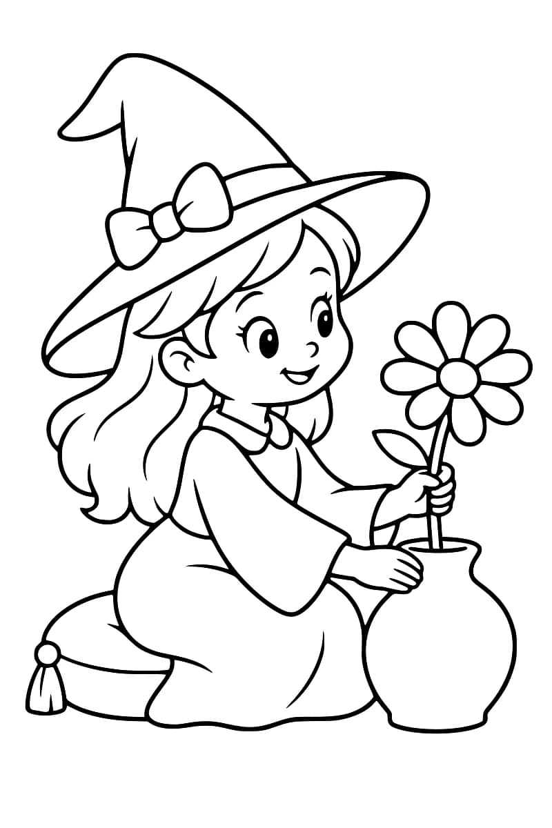 Sorcière au chapeau pointu avec une marguerite et un vase.