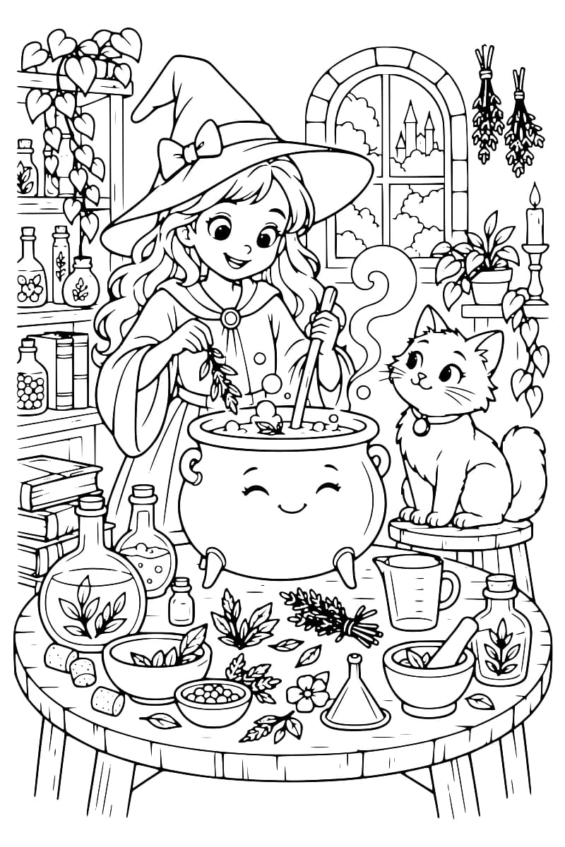 Dessin en noir et blanc d’une jeune sorcière tenant une baguette au-dessus d’un chaudron fumant, avec un chat assis à côté et une table couverte d’ingrédients et d’ustensiles.