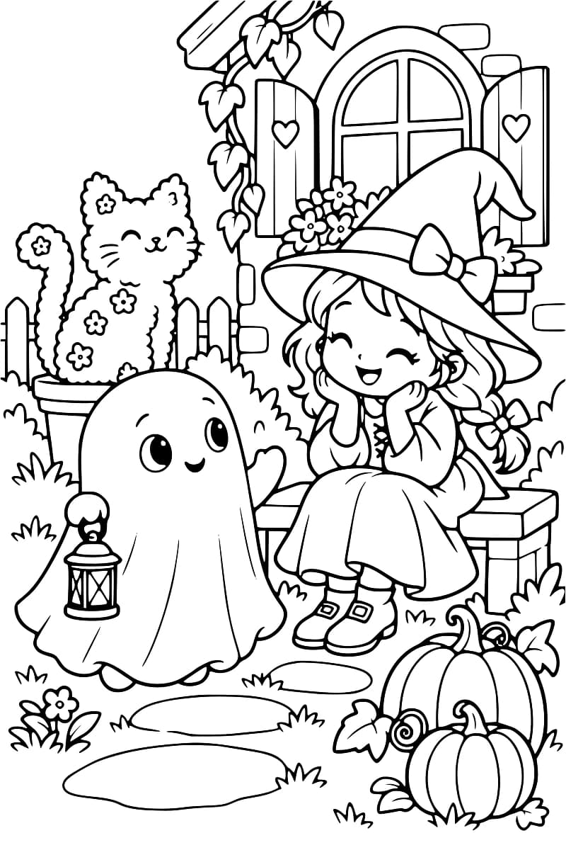 Dessin en noir et blanc montrant une sorcière avec un grand chapeau, un petit fantôme tenant une lanterne, un chat fleuri, des citrouilles et une maison en arrière-plan.