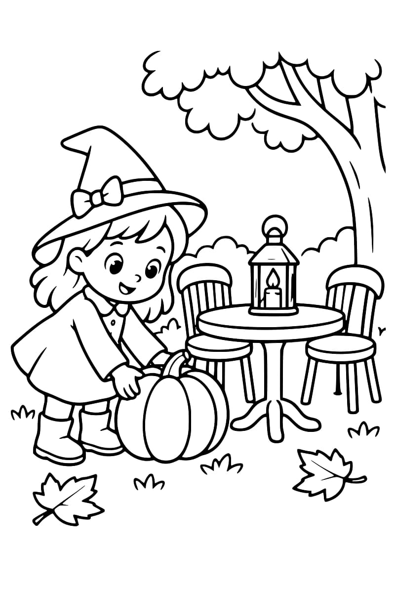 Dessin en noir et blanc d’une jeune sorcière près d’un potiron, d’une table ronde avec une lanterne et de chaises dans un jardin.