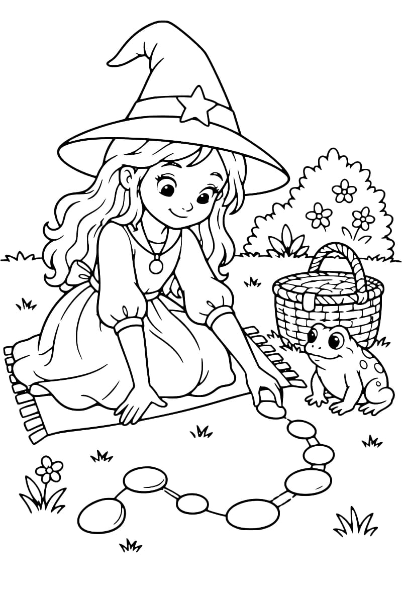 Dessin à colorier d’une sorcière aux longs cheveux, coiffée d’un chapeau pointu orné d’une étoile, agenouillée sur un tapis et posant un galet au bout d’une ligne de pierres reliées. Un crapaud et un panier se trouvent à côté d’elle, parmi l’herbe et les fleurs.