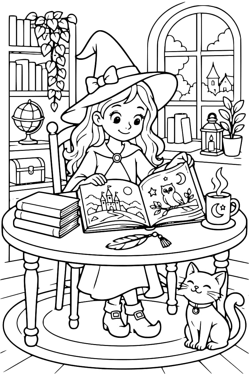Une jeune sorcière coiffée d’un chapeau pointu est assise à une table et lit un grand livre ouvert, avec un chat à ses pieds.