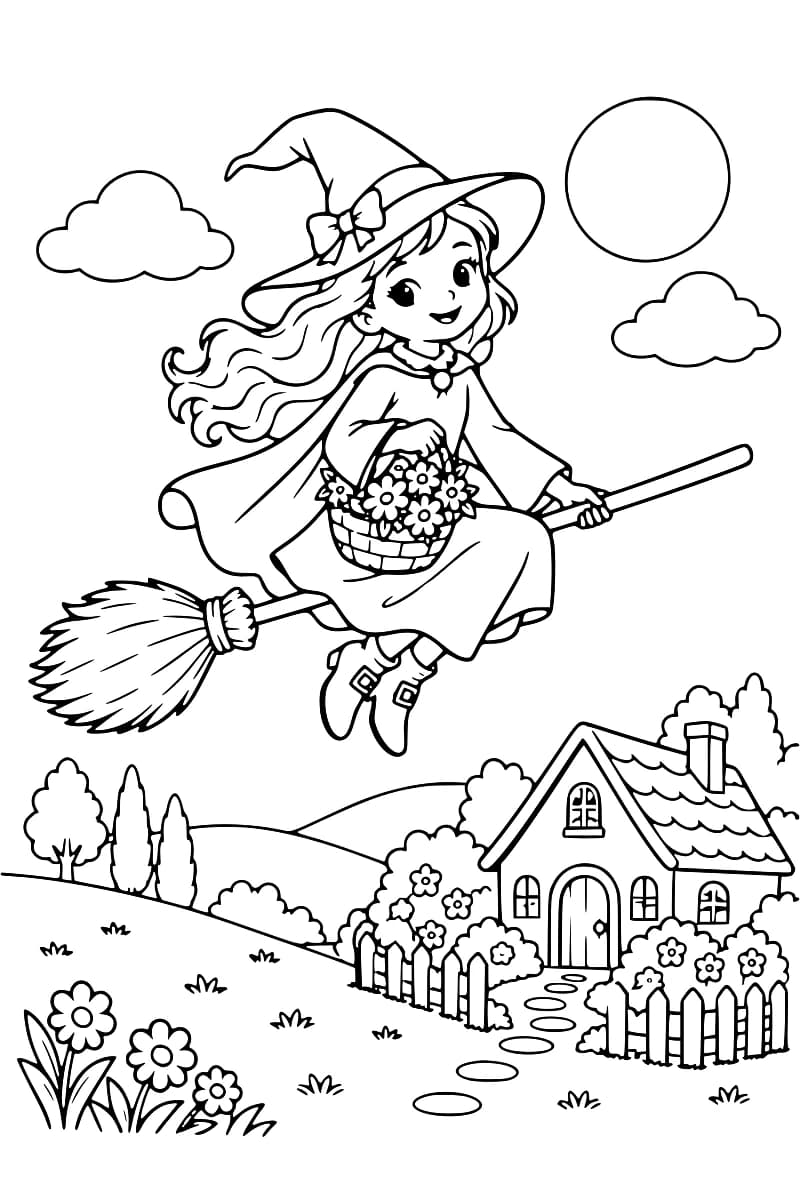 Une sorcière souriante se déplace doucement sur un balai avec un panier de fleurs, au-dessus d’un jardin.