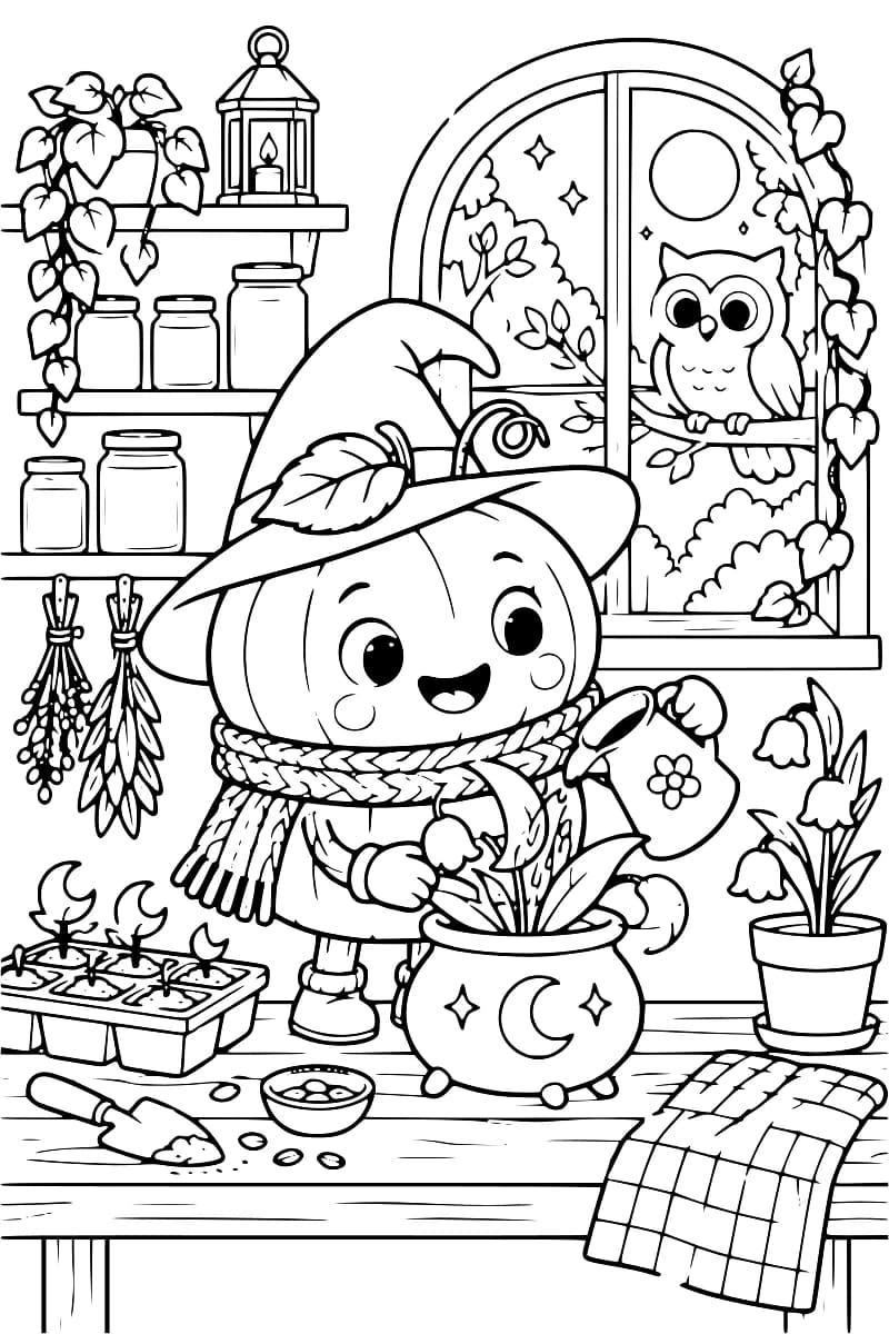 Dessin en noir et blanc d’une sorcière souriante portant un chapeau pointu et arrosant une plante dans un chaudron, entourée de fournitures de jardinage, de plantes et d’un hibou.