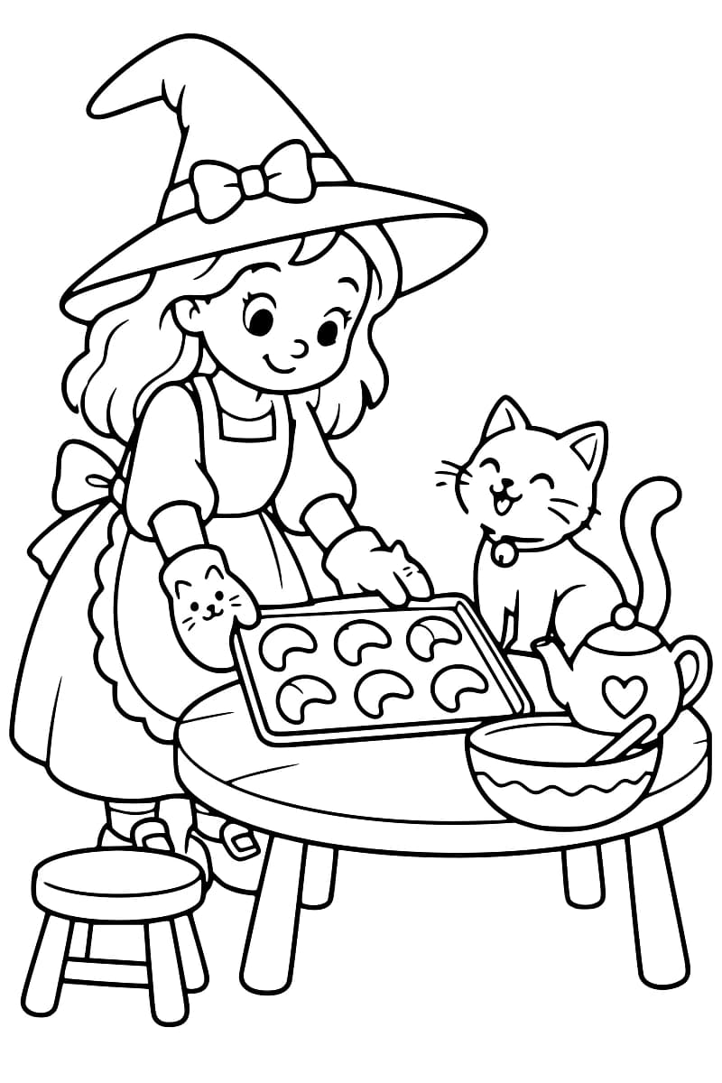 Une jeune sorcière souriante, coiffée d’un grand chapeau, dispose des biscuits en forme de croissant sur une plaque, accompagnée de deux chats et d’un bol.