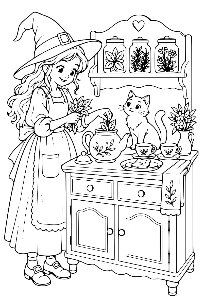 Sorcière souriante au chapeau pointu préparant une tisane devant un petit meuble de cuisine.