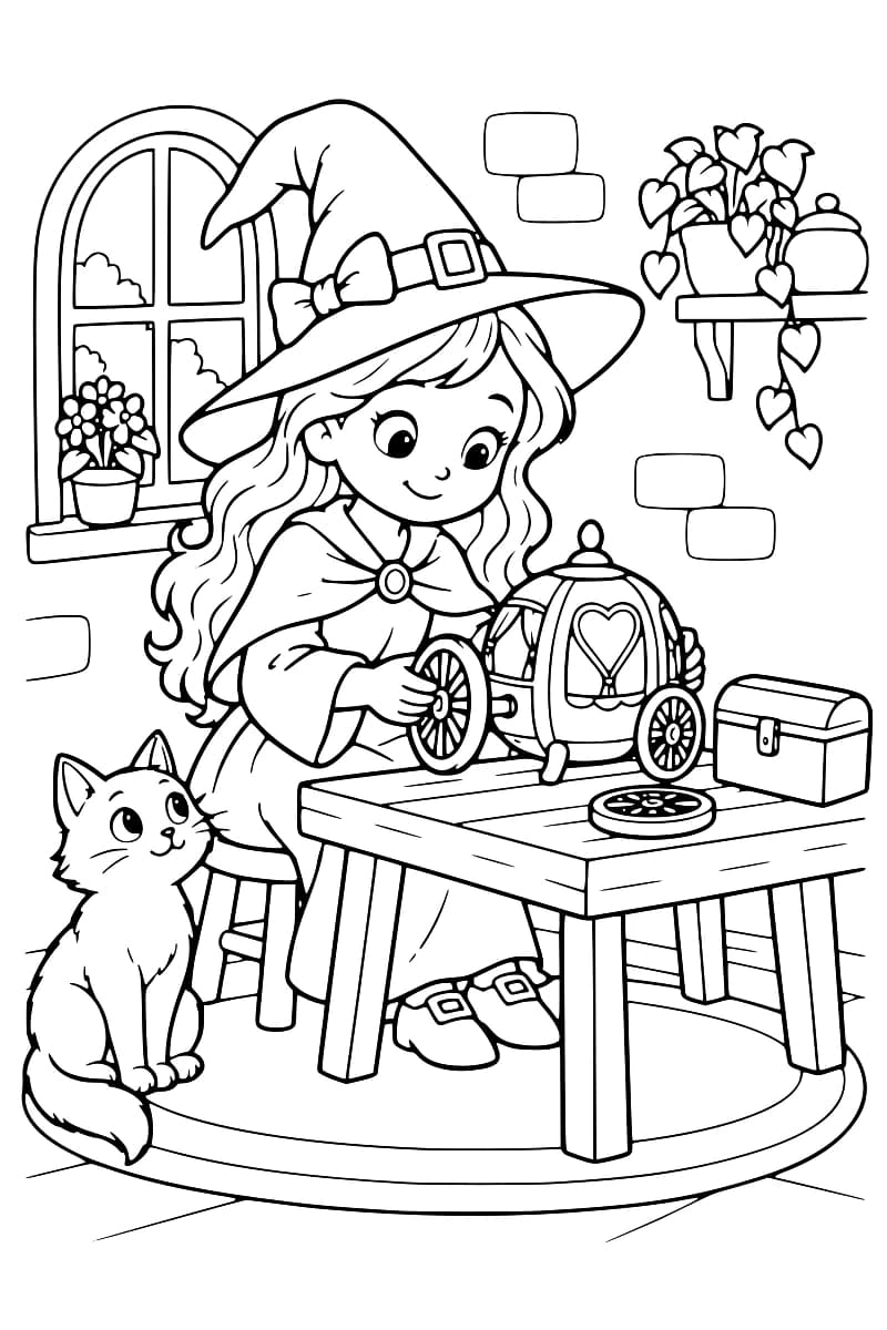 Dessin en noir et blanc d’une sorcière assise devant une table, tenant la roue d’un petit carrosse à fenêtre en forme de cœur. Un chat est assis à ses côtés, et une roue détachée ainsi qu’un coffret reposent sur la table.