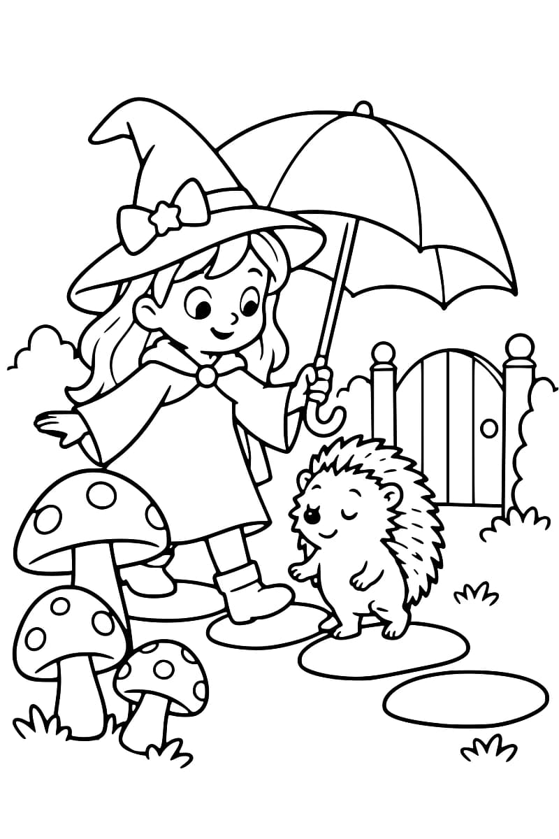 Coloriage d’une jeune sorcière avec un grand chapeau tenant un parapluie au-dessus d’un hérisson, entourée de champignons, de pierres et d’une petite porte.