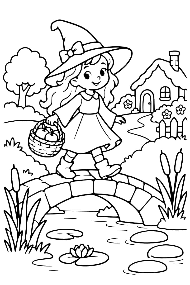 Dessin en noir et blanc d’une sorcière avec un chapeau et un panier, marchant sur un pont de pierre au-dessus d’un étang, avec une maison en arrière-plan.