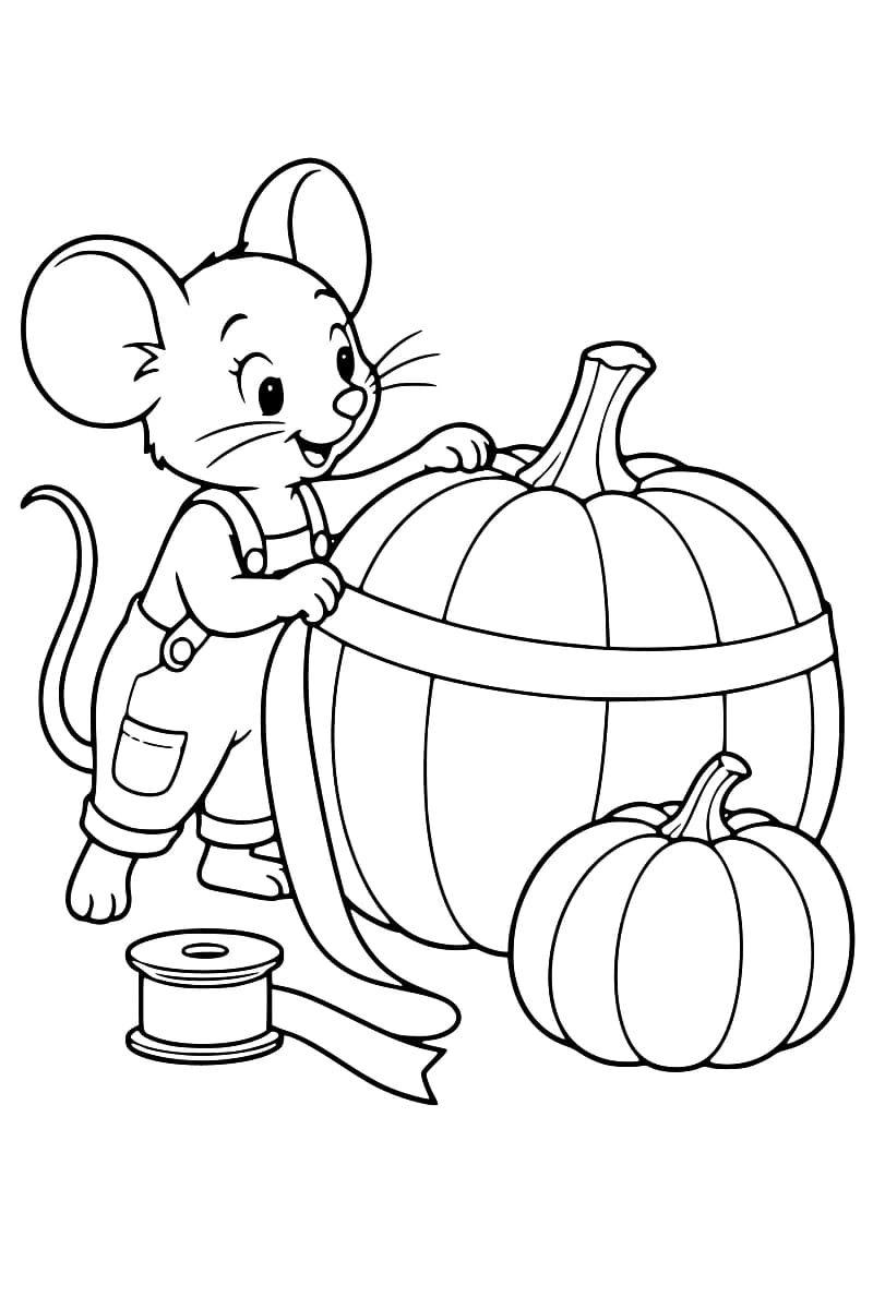 Dessin en noir et blanc d’une souris en salopette tenant un ruban autour d’une grosse citrouille, avec une petite citrouille au premier plan et une bobine de ruban au sol.