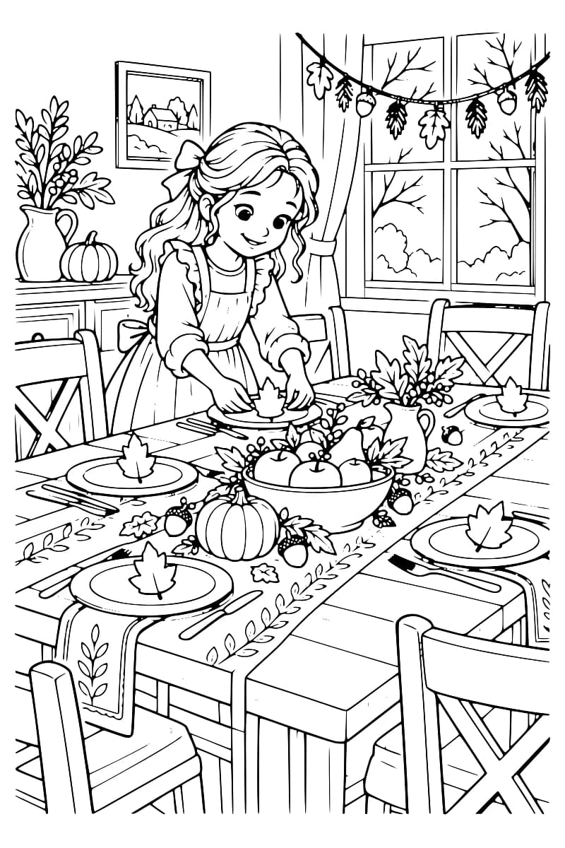 Une enfant dresse une grande table entourée de chaises, avec des assiettes, des feuilles, des citrouilles, des fruits et des décorations automnales.
