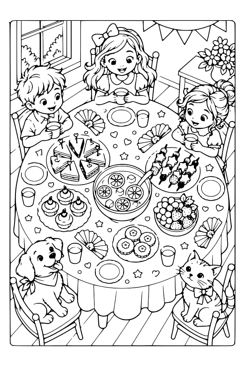 Illustration en noir et blanc montrant trois enfants, un chien et un chat autour d’une table décorée de fanions, avec des gâteaux, des fruits, des brochettes, des boissons et des assiettes.