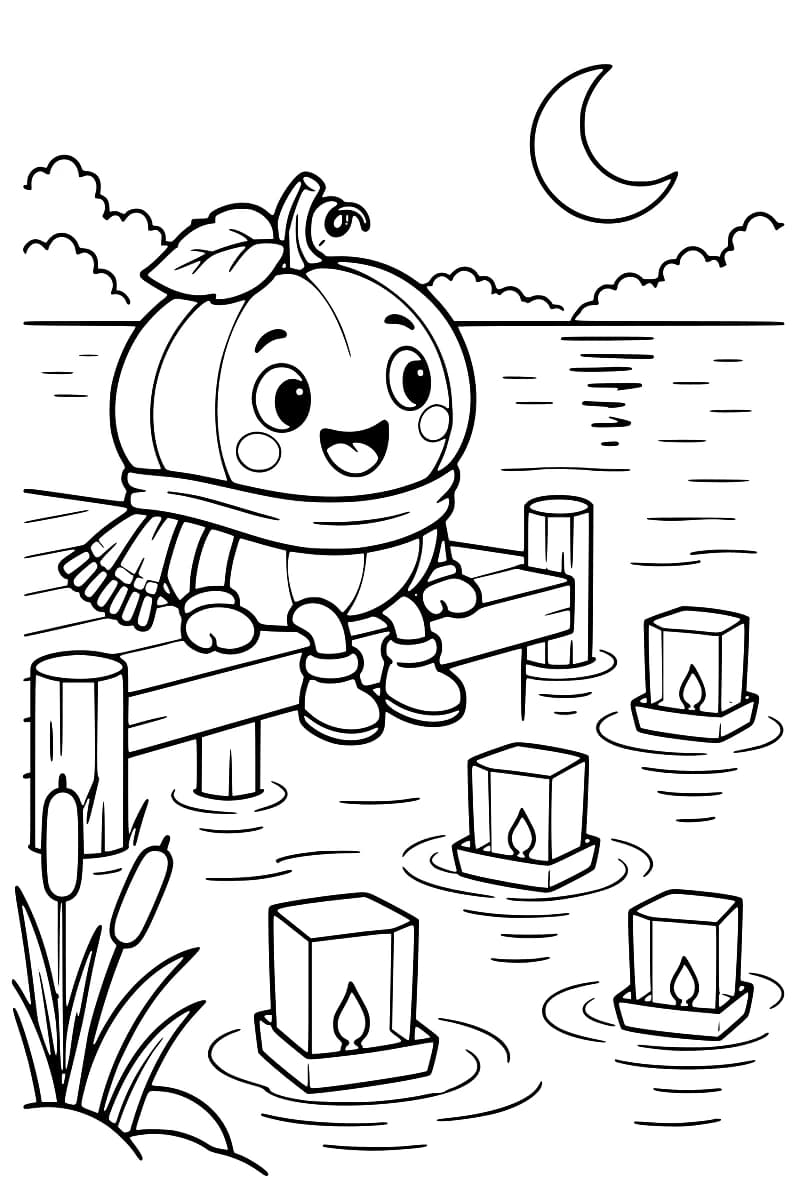 Une citrouille souriante portant une écharpe, des bottes et une feuille sur la tête est assise sur un ponton en bois au-dessus d’un lac, avec quatre lanternes flottantes, des roseaux et un croissant de lune.
